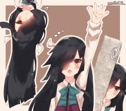 Rule 34 | black hair, blush, bow, bowtie, brown background, closed mouth, hair over one eye, hair ribbon, hand up, hayashimo (kancolle), highres, kantai collection, long hair, momimaki, multiple girls, multiple views, open mouth, ribbon, school uniform, shirt, simple background, very long hair, white shirt