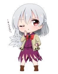 Rule 34 | 1girl, ;o, ankle boots, blush, boots, bow, bowtie, brooch, chibi, dress, half updo, highres, jacket, jewelry, kishin sagume, looking at viewer, one eye closed, red eyes, short hair, silver hair, single wing, solo, suwa yasai, thats not it, touhou, wings