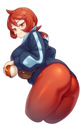 Rule 34 | 1girl, arezu (pokemon), ass, brown bag, closed mouth, commentary request, cowlick, creatures (company), elomil, eyelashes, game freak, highres, holding, holding poke ball, jacket, long sleeves, nintendo, orange pantyhose, pantyhose, poke ball, poke ball (legends), pokemon, pokemon legends: arceus, red eyes, red hair, short hair, smile, solo, white background