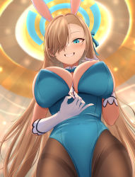 Rule 34 | 1girl, absurdres, animal ears, asuna (blue archive), asuna (bunny) (blue archive), between breasts, black pantyhose, blonde hair, blue archive, blue bow, blue bowtie, blue eyes, blue leotard, blue ribbon, blush, bow, bowtie, breasts, cowboy shot, detached collar, fake animal ears, from below, gloves, grin, hair over one eye, hair ribbon, halo, highres, kaigan, large breasts, leotard, long hair, looking at viewer, pantyhose, playboy bunny, rabbit ears, ribbon, smile, solo, strapless, strapless leotard, thighband pantyhose, traditional bowtie, very long hair, white gloves, wing collar