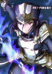 Rule 34 | black hair, blue background, blue fire, brown eyes, fire, gloves, grin, hat, highres, incoming attack, looking at viewer, military, military uniform, morag ladair (xenoblade), nayuta-kanata, otsukimin00, purple fire, smile, sword, uniform, weapon, whip sword, white gloves, xenoblade chronicles (series), xenoblade chronicles 2