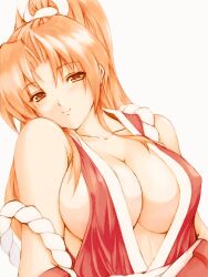Rule 34 | bare shoulders, breasts, brown eyes, brown hair, cleavage, fatal fury, large breasts, ninja, ponytail, shiranui mai, sideboob, sleeveless, tagatamest, the king of fighters, white background