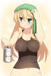 Rule 34 | 10s, 1girl, alcohol, beer, beer can, bismarck (kancolle), blonde hair, blue eyes, blush, breasts, can, cleavage, drink can, highres, hoppege, kantai collection, large breasts, long hair, solo, tank top, towel, towel on head, wet