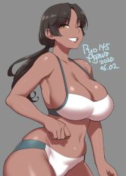 Rule 34 | 1girl, 2020, agawa ryou, artist name, belly, bikini, breasts, brown hair, cleavage, clenched teeth, collarbone, commentary, dark skin, dark-skinned female, dated, grey background, grin, huge breasts, long hair, looking at viewer, navel, one eye closed, original, ponytail, sideboob, signature, simple background, smile, solo, swimsuit, teeth, thick thighs, thighs, wide hips