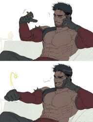 Rule 34 | 1boy, abs, alternate hairstyle, bara, beard stubble, black gloves, black hair, black pants, clenched hand, closed mouth, detached sleeves, draven, facial hair, gloves, highres, large pectorals, league of legends, mag cora imparo, male focus, muscular, muscular male, pants, pectorals, short hair, sitting, smile, solo, stubble, teeth