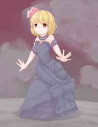 Rule 34 | 1girl, absurdres, alternate costume, arched back, arm garter, black dress, blonde hair, choker, cloud, dress, empty eyes, gradient background, hair ribbon, heart, highres, looking at viewer, outstretched arms, pavement, red eyes, red sky, ribbon, rumia, short hair, shou (ahiru shinobu), sky, smile, solo, spread arms, strapless, strapless dress, touhou