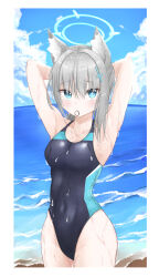 Rule 34 | 1girl, absurdres, animal ear fluff, animal ears, armpits, arms behind head, black one-piece swimsuit, blue archive, blue eyes, blue sky, breasts, cloud, competition swimsuit, covered navel, cowboy shot, cross hair ornament, day, extra ears, fisheye, grey hair, hair ornament, halo, highres, horizon, kururin (vjkyb6464), low ponytail, medium breasts, medium hair, mismatched pupils, mouth hold, multicolored clothes, multicolored swimsuit, ocean, official alternate costume, one-piece swimsuit, outdoors, presenting armpit, rubber band, shiroko (blue archive), shiroko (swimsuit) (blue archive), sky, solo, swimsuit, wolf ears