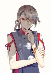Rule 34 | 10s, 1boy, eyes visible through hair, hair over one eye, hand on own chin, ima-no-tsurugi, japanese clothes, male focus, mon, mon (monsohot), personification, red eyes, smile, solo, stroking own chin, touken ranbu, upper body, white hair