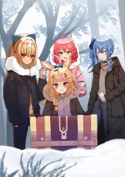 Rule 34 | 4girls, absurdres, animal ears, blonde hair, blue hair, coat, cup, disposable cup, elf, fox ears, fox girl, fur-trimmed coat, fur trim, highres, holding, holding cup, hololive, hoshimachi suisei, multiple girls, omaru polka, peleu, pink hair, pointy ears, sakura miko, shiranui flare, snow, virtual youtuber, winter, winter clothes