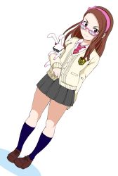 Rule 34 | &gt;:), 1girl, absurdres, bespectacled, black skirt, blue socks, breasts, brown eyes, brown footwear, brown hair, buttons, cardigan, cardigan schooler, closed mouth, collared shirt, commentary request, dutch angle, emblem, full body, glasses, hairband, hanpahanpa, highres, holding, holding stuffed toy, idolmaster, idolmaster (classic), kneehighs, loafers, long sleeves, looking at viewer, minase iori, necktie, pink-framed eyewear, pink hairband, pink necktie, pleated skirt, pocket, school uniform, shadow, shirt, shoes, skirt, small breasts, socks, solo, standing, striped necktie, striped neckwear, stuffed animal, stuffed rabbit, stuffed toy, sunglasses, v-shaped eyebrows, white background, white shirt