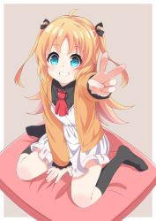 Rule 34 | 10s, 1girl, ahoge, arm up, ascot, black socks, black shirt, blonde hair, blouse, blue eyes, cardigan, charlotte izoard, collared shirt, commentary request, dress, fukemachi, full body, grin, highres, kneehighs, long hair, outstretched arm, pillow, red ascot, ribbon, ryuuou no oshigoto!, shirt, short dress, sitting, smile, socks, solo, twintails, two side up, v, very long hair, white dress, yellow cardigan