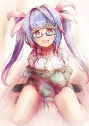 Rule 34 | alternate costume, bespectacled, black socks, blue hair, breasts, collared shirt, fang, flower-shaped pupils, glasses, green sweater, hair ribbon, highres, i-19 (kancolle), kantai collection, large breasts, long hair, long sleeves, looking at viewer, open mouth, red eyes, ribbon, shirt, sitting, socks, sweater, symbol-shaped pupils, tri tails, wariza, white shirt, yomitsuna