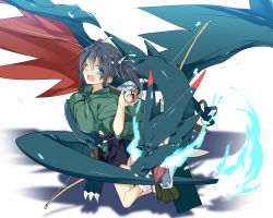 Rule 34 | 10s, 1girl, alternate color, black hair, blue eyes, bow (weapon), breasts, charizard, creatures (company), crossover, fire, flame-tipped tail, game freak, gen 1 pokemon, hair ribbon, japanese clothes, kantai collection, kimono, large breasts, looking at viewer, mega charizard x, mega pokemon, mtu (orewamuzituda), nintendo, poke ball, pokemon, pokemon (creature), ribbon, shadow, shiny pokemon, short hair, skirt, smile, souryuu (kancolle), twintails, weapon, white background