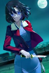 Rule 34 | 1girl, black hair, blue eyes, chinese commentary, clear sky, closed mouth, expressionless, fate/grand order, fate (series), feet out of frame, full moon, fur collar, highres, holding, holding knife, holding weapon, jacket, japanese clothes, kara no kyoukai, kimono, knife, long sleeves, looking at viewer, moon, mystic eyes of death perception, night, night sky, obi, open clothes, open jacket, outdoors, red jacket, ryougi shiki, sash, short hair, sky, solo, weapon, yeh (354162698)