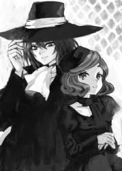 Rule 34 | 1boy, 1girl, ama-tou, character request, greyscale, hat, highres, holding, holding hat, monochrome, mugen mamiya, mugen shinshi, source request