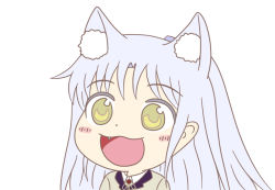Rule 34 | 1girl, :d, angel beats!, animal ears, blush, cat ears, commentary, commentary request, cowlick, fang, from side, gyate gyate, hair ornament, hairclip, jacket, key (company), long hair, looking to the side, neck ribbon, open mouth, ribbon, school uniform, shirt, silver hair, simple background, smile, solo, taeminhyeon, tenshi (angel beats!), upper body, white background, white shirt, yellow eyes
