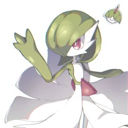 Rule 34 | 1girl, 1other, arm up, blunt bangs, blurry, blush, bob cut, bowl cut, bright pupils, chromatic aberration, closed mouth, colored skin, covered eyes, cowboy shot, creatures (company), depth of field, flat chest, game freak, gardevoir, gen 3 pokemon, green hair, green skin, hair over eyes, hair over one eye, happy, highres, multicolored skin, nintendo, no mouth, one eye covered, outline, pokemon, pokemon (creature), ralts, red eyes, shiraha (siraha 79), short hair, simple background, smile, standing, two-tone skin, white background, white outline, white pupils, white skin