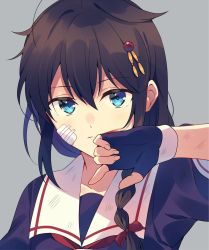 Rule 34 | 1girl, ahoge, bandaid, bandaid on face, black gloves, black serafuku, blood, blood on face, blue eyes, braid, brown hair, closed mouth, commentary request, fingerless gloves, gloves, grey background, hair between eyes, hair flaps, hair ornament, hair ribbon, highres, kantai collection, looking at viewer, red ribbon, ribbon, sailor collar, school uniform, serafuku, shigure (kancolle), shigure kai ni (kancolle), simple background, single braid, solo, white sailor collar, wiping face, yukichi (eikichi)