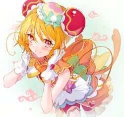 Rule 34 | 1girl, akaike, back bow, bike shorts, blonde hair, bow, bowtie, brooch, bun cover, china dress, chinese clothes, closed mouth, commentary, cure yum-yum, delicious party precure, dress, gloves, hair bun, hanamichi ran, heart, heart brooch, highres, huge bow, jewelry, leaning forward, looking at viewer, magical girl, orange bow, orange dress, precure, red eyes, red shorts, short dress, short hair, shorts, shorts under dress, sleeveless, sleeveless dress, smile, solo, standing, thigh strap, triple bun, white gloves, yellow bow, yellow bowtie