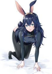 Rule 34 | 1girl, all fours, ameno (a meno0), animal ears, bed sheet, blue eyes, blue hair, breasts, fire emblem, fire emblem awakening, hair between eyes, long hair, long sleeves, lucina (fire emblem), nintendo, open mouth, pantyhose, pelvic curtain, rabbit ears, rabbit girl, rabbit tail, small breasts, solo, sweater, symbol-shaped pupils, tail, tiara, white background