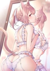 Rule 34 | 1girl, animal ears, ass, ass cutout, back, bra, braid, breasts, brown eyes, brown hair, butt crack, cat ears, cat tail, cleavage, clothing cutout, covered face, e (eokiba), from behind, garter straps, gloves, hair ribbon, hand on own chest, heart cutout, highres, legwear garter, lingerie, medium breasts, mirror, navel, original, panties, ponytail, profile, reflection, ribbon, sidelocks, solo, sparkle, tail, thighhighs, underwear, underwear only, white bra, white gloves, white panties, white ribbon