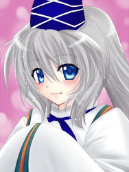 Rule 34 | 1girl, blue eyes, blush, female focus, hands in opposite sleeves, hat, japanese clothes, light particles, light smile, lips, looking at viewer, mononobe no futo, ponytail, purple background, setsuna rio, short hair, silver hair, solo, tate eboshi, touhou