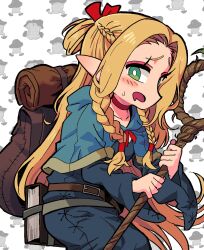 Rule 34 | 1girl, belt pouch, blonde hair, blue capelet, brown bag, capelet, dungeon meshi, elf, green eyes, highres, holding, holding stick, long hair, looking at viewer, marcille donato, pointy ears, pouch, red ribbon, ribbon, satanmanse, stick, very long hair, white background, worried
