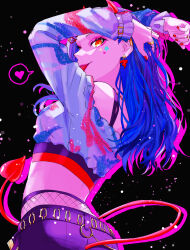 Rule 34 | 1girl, absurdres, blue hair, colorful festival (project sekai), commentary request, cowboy shot, demon tail, earrings, fingernails, hand in own hair, heart, highres, horns, jewelry, long hair, long sleeves, looking at viewer, midriff, official alternate hairstyle, orange eyes, project sekai, red nails, ring, shiraishi an, solo, spoken heart, star (symbol), tail, tongue, tongue out, yymmawo vv2