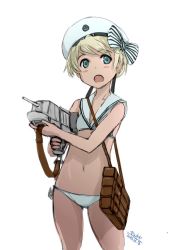 Rule 34 | 10s, 1girl, 2016, 4suke, :o, aqua eyes, artist name, bikini, blonde hair, bow, breasts, clothes writing, cosplay, cowboy shot, dated, hat, hat bow, holding, kantai collection, navel, open mouth, sailor bikini, sailor collar, sailor hat, short hair, simple background, small breasts, smiley face, solo, strap, striped, striped bow, swimsuit, turret, white background, white bikini, white hat, z1 leberecht maass (kancolle), z3 max schultz (kancolle), z3 max schultz (kancolle) (cosplay)