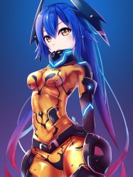 Rule 34 | armor, blue background, blue hair, cowboy shot, faulds, glowing, gradient background, hair between eyes, high collar, highres, quna (pso2), skin tight, solo, tagme, yellow eyes