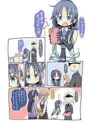 Rule 34 | 1boy, 3girls, admiral (kancolle), ahoge, bare shoulders, black hair, blonde hair, blue eyes, blue hair, blue neckerchief, blue skirt, blush, box, close-up, closed eyes, comic, commentary request, double bun, dress, eating, elbow gloves, faceless, faceless male, gift, gift box, gloves, hair between eyes, hair bun, hair ribbon, hairband, hat, holding, holding gift, kantai collection, long hair, long sleeves, looking at another, maiku, michishio (kancolle), military, military uniform, multiple girls, neckerchief, notice lines, open mouth, peaked cap, pinafore dress, plaid, plaid skirt, purple sweater, ribbon, sailor collar, school uniform, serafuku, shirt, short hair, sketch, skirt, sleeveless, sleeveless dress, sleeveless shirt, suzukaze (kancolle), sweater, translation request, twintails, uniform, ushio (kancolle), white serafuku, white shirt, white skirt