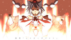 1girl absurdres animal animal_ears bad_id bad_pixiv_id detached_sleeves female_focus glowing glowing_eyes own_hands_clasped hat highres hutotomomo inubashiri_momiji open_mouth own_hands_together red_eyes seu_kaname short_hair silver_hair solo tokin_hat touhou translation_request wide_sleeves wolf wolf_ears