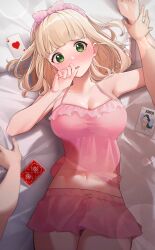 Rule 34 | 1girl, absurdres, bare shoulders, bed sheet, blonde hair, blunt bangs, blush, breasts, card, cleavage, commentary, copyright request, green eyes, hairband, highres, large breasts, lingerie, looking at viewer, midriff, navel, pink hairband, pov, pov hands, short hair, solo focus, underwear, vegetablenabe