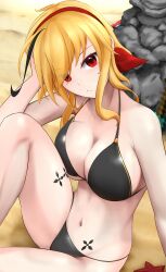 Rule 34 | 1girl, absurdres, blonde hair, breasts, cleavage, firen inferno, hair ornament, highres, hololive, hololive indonesia, kaela kovalskia, large breasts, looking at viewer, red eyes, sand, sitting, solo, swimsuit, tattoo, virtual youtuber