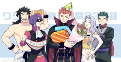 Rule 34 | 1girl, 4boys, :d, ;), belt, black cape, black hair, bouquet, bruno (pokemon), cape, closed eyes, closed mouth, commentary request, creatures (company), crossed arms, flower, game freak, grey hair, hand on own hip, hat, holding, jacket, karen (pokemon), koga (pokemon), lance (pokemon), long hair, long sleeves, multiple boys, nintendo, one eye closed, open mouth, pants, party hat, pokemon, pokemon hgss, purple hair, red hair, red scarf, scarf, shirt, short hair, smile, spiked hair, teeth, topless male, upper teeth only, white pants, will (pokemon), y (036 yng), yellow shirt