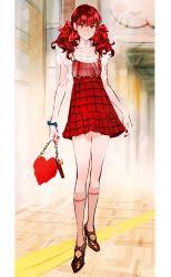 Rule 34 | 1girl, arms at sides, bag, bow, chain, collarbone, dress, frilled dress, frills, hair bow, handbag, heart, high heels, highres, huangdanlan, indoors, kneehighs, persona, persona 5, persona 5 the royal, plaid, plaid dress, pleated dress, red bow, red dress, red eyes, red hair, scrunchie, socks, solo, standing, twintails, wrist scrunchie, yoshizawa kasumi