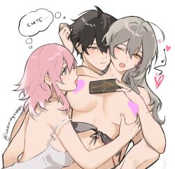 Rule 34 | 1boy, 2girls, ;o, alternate costume, backless outfit, backless shirt, bisexual female, bite mark, black bra, black hair, blush, bra, breasts, censored, censored nipples, commentary, dan heng (honkai: star rail), english commentary, english text, grabbing, grabbing another&#039;s breast, grey eyes, grey hair, heart, hickey, holding, holding phone, honkai: star rail, honkai (series), licking, licking nipple, march 7th (honkai: star rail), medium breasts, medium hair, multiple girls, nevercrymoon, nipple stimulation, one eye closed, open mouth, orange eyes, parted lips, phone, pink hair, shared thought bubble, shirt, short hair, simple background, sleeveless, sleeveless shirt, spaghetti strap, stelle (honkai: star rail), thought bubble, trailblazer (honkai: star rail), twitter username, underwear, upper body, white background, white shirt, wince