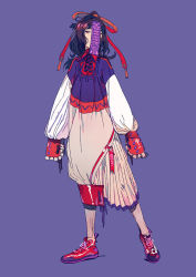 Rule 34 | 1girl, arms at sides, chinese clothes, commentary, contrapposto, full body, long sleeves, looking at viewer, medium hair, ofuda, original, purple background, purple eyes, purple hair, red footwear, shoes, simple background, sleeves past wrists, solo, standing, ukumo uichi