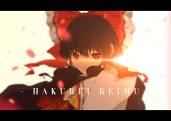 Rule 34 | 1girl, backlighting, between fingers, black hair, bow, character name, chromatic aberration, detached sleeves, hair bow, hair tubes, hakurei reimu, hingsm, holding, lens flare, letterboxed, long hair, looking to the side, petals, red eyes, serious, simple background, solo, talismans, touhou, upper body, white background, wide sleeves