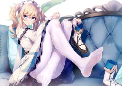 Rule 34 | 1girl, absurdres, barbara (genshin impact), blonde hair, blue eyes, boots, closed mouth, couch, crossed legs, dress, genshin impact, hair between eyes, highres, holding, holding clothes, holding footwear, knee boots, long hair, long sleeves, off shoulder, on couch, pantyhose, pillow, sidelocks, sitting, smile, solo, takemura kou, toes, twintails, unworn boots, white dress, white footwear, white headwear, white pantyhose