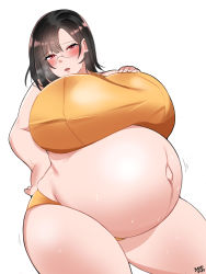 Rule 34 | 1girl, absurdres, artist name, bayoshii, big belly, black hair, blush, breasts, cleavage, crop top, curvy, glasses, high heels, highres, huge breasts, looking at viewer, medium hair, motion lines, navel, original, outie navel, panties, parted lips, pregnant, pumps, red eyes, sidelocks, signature, simple background, sitting, smile, solo, tank top, thick thighs, thighs, underwear, white background, wide hips