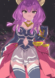Rule 34 | 1girl, aura (sousou no frieren), balance scale, bare shoulders, black gloves, black thighhighs, braid, breasts, bustier, cleavage, clothing cutout, commentary request, demon horns, elbow gloves, gloves, grey eyes, hair between eyes, highres, holding, horns, kamiyoshi rika, layered skirt, long hair, looking at viewer, medium breasts, navel, navel cutout, parted lips, pleated skirt, purple hair, skirt, solo, sousou no frieren, teeth, thighhighs, upper teeth only, weighing scale, white skirt