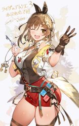Rule 34 | 1girl, atelier (series), atelier ryza, atelier ryza 3, blush, braid, breasts, brown eyes, brown hair, cleavage, gloves, hair ornament, hairclip, hat, highres, jewelry, large breasts, looking at viewer, necklace, official art, open mouth, red shorts, reisalin stout, short hair, short shorts, shorts, smile, solo, thick thighs, thighhighs, thighs, toridamono, white hat