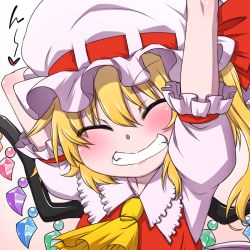 Rule 34 | 1girl, ^ ^, arm behind head, arm up, blonde hair, bow, close-up, closed eyes, flandre scarlet, grin, hanya (hanya yashiki), hat, hat bow, heart, long hair, side ponytail, smile, solo, stretching, touhou, wings