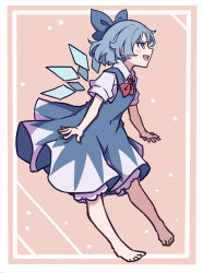 Rule 34 | 1girl, absurdres, barefoot, blue bow, blue dress, blue eyes, blue hair, bow, cirno, collared shirt, dress, flat chest, hair bow, highres, ice, ice wings, kame (kamepan44231), long dress, neck ribbon, one-hour drawing challenge, pinafore dress, puffy short sleeves, puffy sleeves, red ribbon, ribbon, shirt, short hair, short sleeves, sleeveless, sleeveless dress, smile, solo, touhou, white shirt, wings