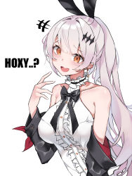 Rule 34 | 1girl, absurdres, anparu, bad id, bad pixiv id, black bow, blouse, bow, breasts, rabbit hair ornament, five-seven (girls&#039; frontline), girls&#039; frontline, hair ornament, highres, long hair, looking at viewer, medium breasts, meme, ponytail, shirt, silver hair, smile, solo, upper body, white shirt, yellow eyes