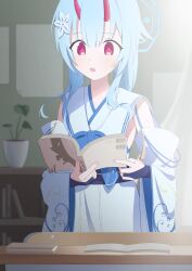 Rule 34 | 1girl, absurdres, aqua hair, blue archive, blue halo, blurry, blurry background, blush, book, bridal gauntlets, chise (blue archive), desk, detached sleeves, eshijanoo, flower, hair flower, hair ornament, halo, highres, holding, holding book, horns, japanese clothes, kimono, long hair, long sleeves, open mouth, plant, potted plant, reading, red eyes, sleeveless, sleeveless kimono, solo, tareme, wide sleeves