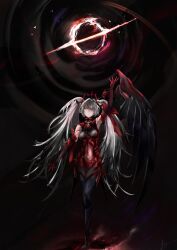 Rule 34 | 1girl, absurdres, black background, black bodysuit, black hole, black pantyhose, bodysuit, breasts, covered navel, detached sleeves, elbow gloves, floating, floating object, floating weapon, gloves, grey hair, hair ornament, highres, long hair, luna: oblivion (punishing: gray raven), luna (punishing: gray raven), medium breasts, official alternate costume, one eye covered, pantyhose, punishing: gray raven, red bodysuit, red eyes, solo, tony 028, twintails, very long hair