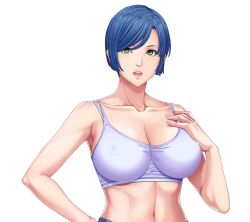 Rule 34 | 1girl, bare arms, bare shoulders, blue hair, breasts, cleavage, covered erect nipples, game cg, green eyes, hand on own chest, highres, kisaku-tachi, large breasts, looking at viewer, navel, open mouth, sei shoujo, short hair, shorts, solo, sports bra, transparent background, upper body