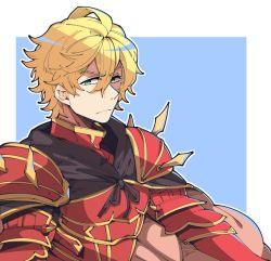 Rule 34 | 1boy, armor, black cape, blonde hair, cape, closed mouth, commentary request, gawain (granblue fantasy), granblue fantasy, green eyes, hair between eyes, higaragi, highres, looking at viewer, male focus, red armor, simple background, solo, two-tone background, upper body